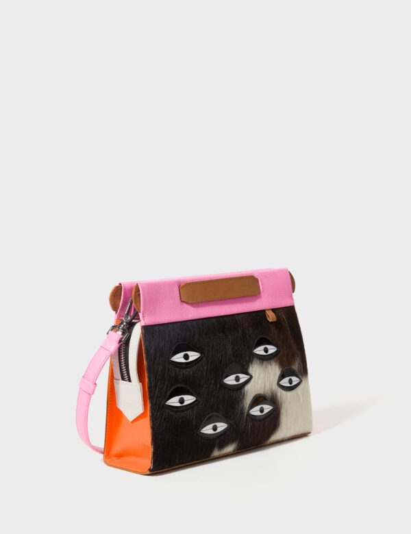 Vali Crossbody Small Bubblegum Pink And Neon Orange Leather Bag - Eyes Applique Adjustable Handle