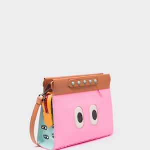 Vali Crossbody Small Caramel and Taffy Pink Leather Bag - All Over Eyes Embroidery