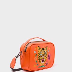 Verto Crossbody Vermillion Orange Leather Handbag - Tiger and Flowers Embroidery