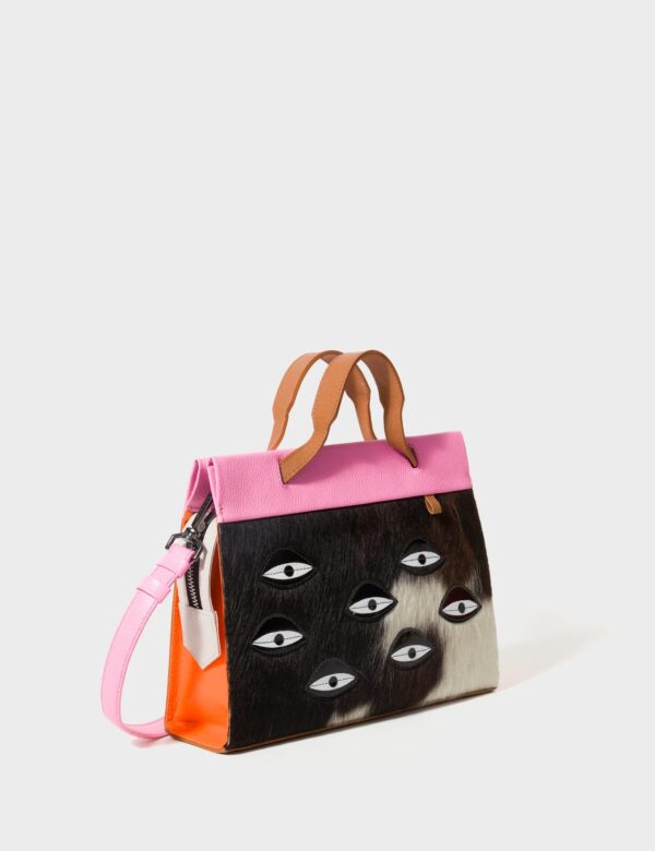 Vali Crossbody Small Bubblegum Pink And Neon Orange Leather Bag - Eyes Applique Adjustable Handle