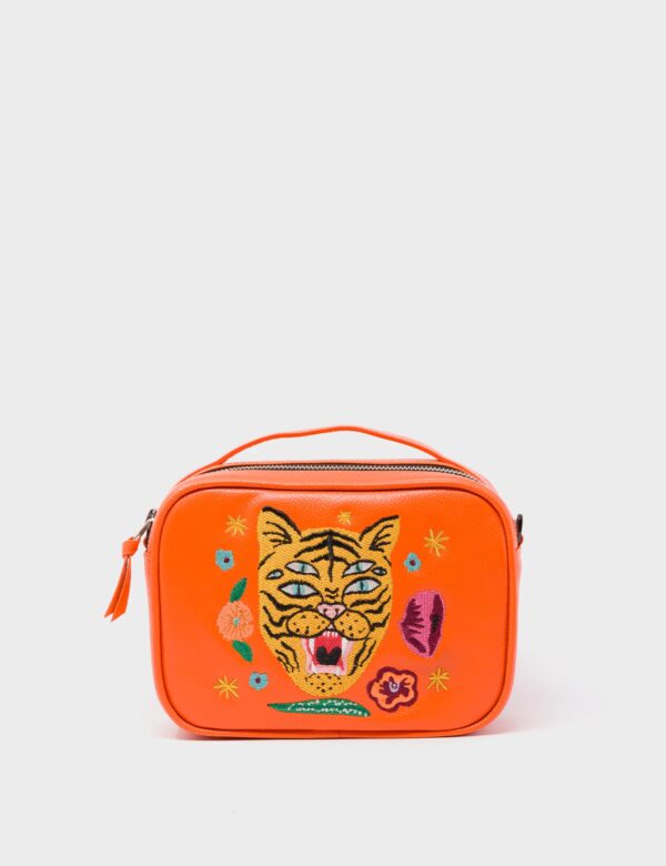 Verto Crossbody Vermillion Orange Leather Handbag - Tiger and Flowers Embroidery