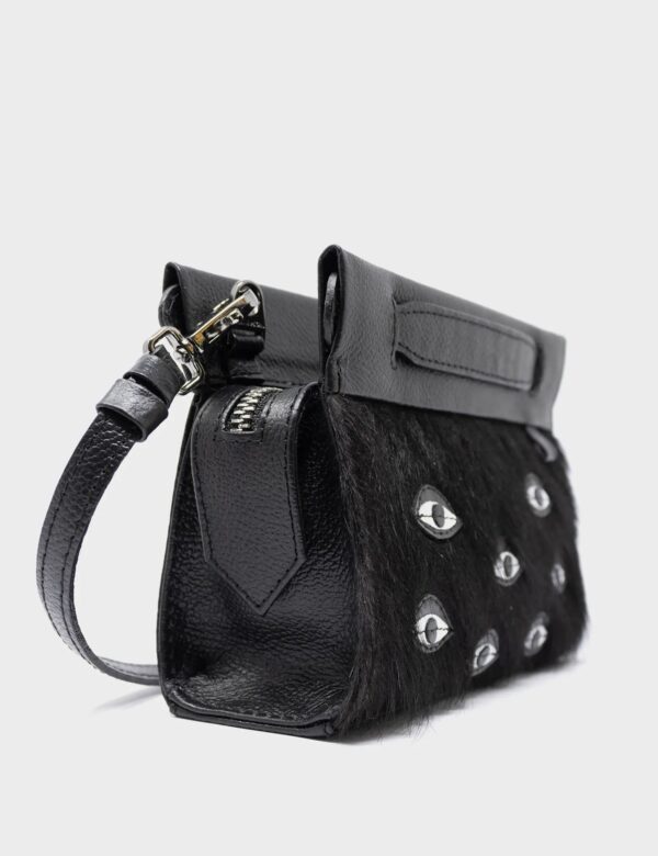 Vali Crossbody Micro Black Leather Bag - Eyes Applique Adjustable Handle